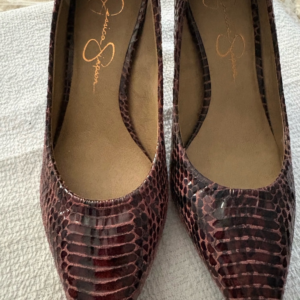 Jessica Simpson Burgundy Snake-Print Pointed Flats
